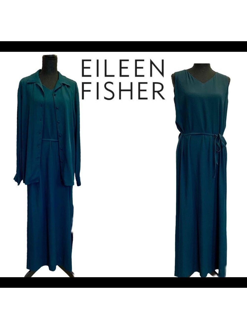 Eileen Fisher dark teal 100% silk two piece dress blouse set Sz M